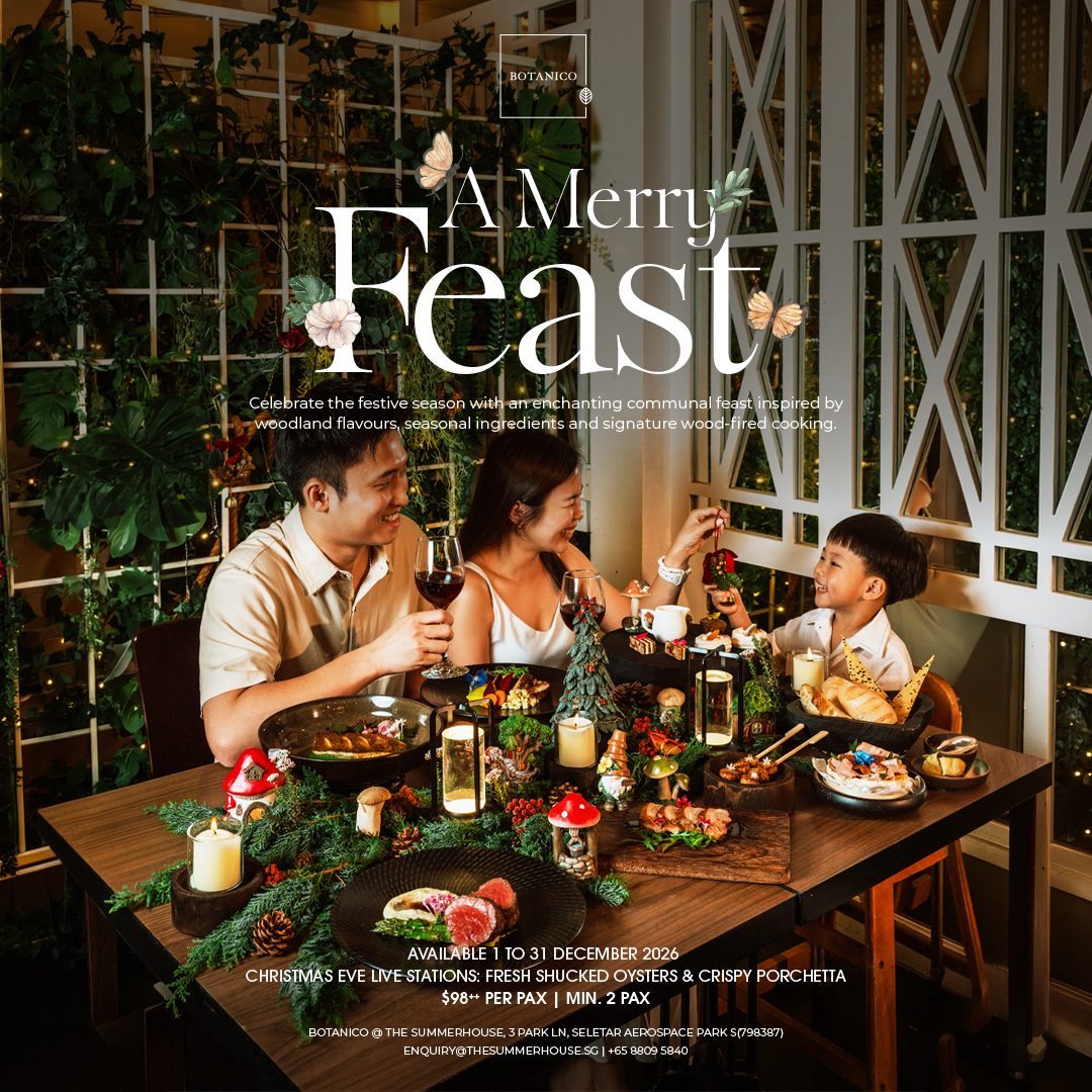 A Merry Feast festive communal menu poster for Christmas 2026 at Botanico, The Summerhouse