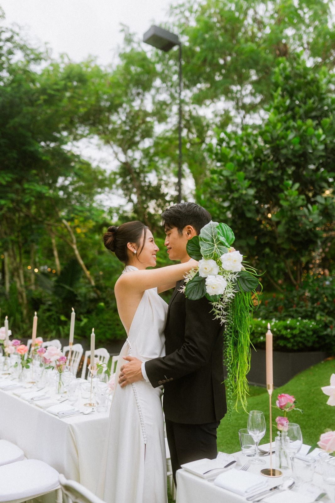 Bride and groom portrait in the garden at a wedding at The Summerhouse Seletar